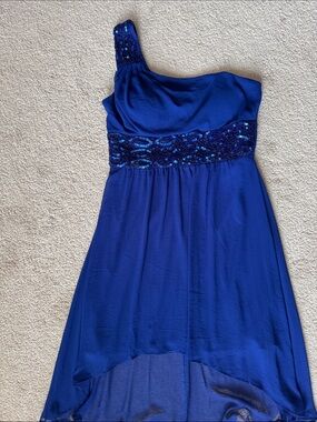 B Darlin One-Shoulder Royal Blue Sequin-Waist Midi Dress